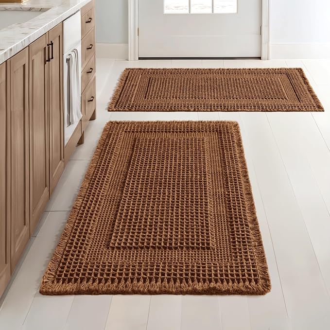 MIULEE Set of 2 Waffle Bathroom Rugs Caramel Boho Bath Mat 24x36 in | Looped Design, Super Absorbent, Non Slip, Washable, Ultra Soft, Rubber Backed, Bathroom Mats for Floor Tub Shower