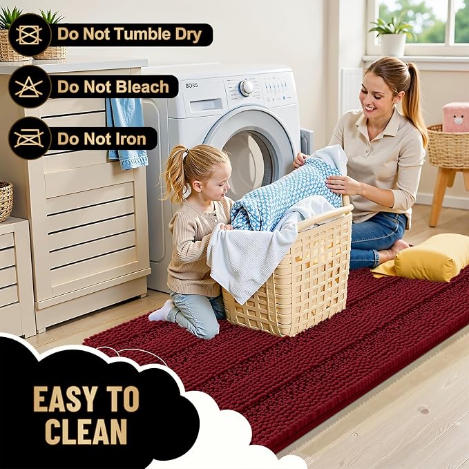 OLANLY Thick Small Bathroom Rugs 24x16, Soft Chenille Bath Rugs, Red | Rubber Backing, Machine Wash, Extra Absorbent Striped Bath Mats for Bathroom Floor, Tub and Shower, Home Decor Accessories