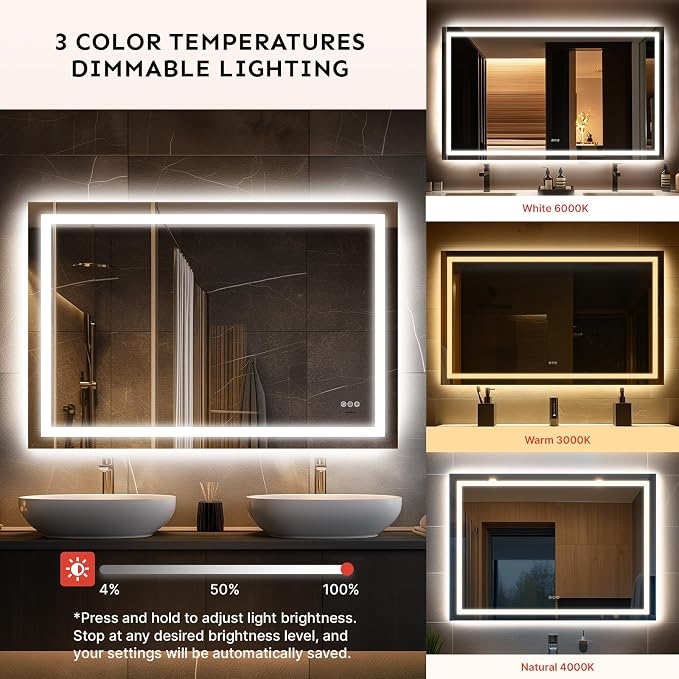 32x48 Inch LED Bathroom Mirror with Lights | Large Lighted Smart Vanity Mirror with Memory Function, Anti-Fog, Backlit + Front Lit, Dimmable 3-Color Temperature