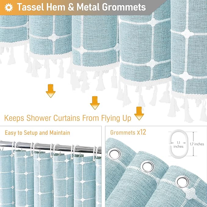 Extra Long Boho Farmhouse Linen Shower Curtain Set, 72x96, Fog Blue | Extra Tall Size, 330GSM Linen Blend, 3-side Tassels, Waterproof Fabric, 12 Plastic Hooks, Rustic Bohemian, Machine Washable