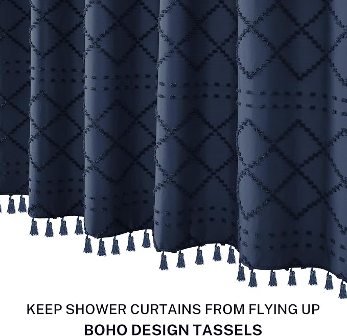 Siiluminisoy Navy Blue Shower Curtain Boho Shower Curtains Fabric, Tufted Chevron Textured Striped Modern Minimalist Cloth Shower Curtain for Bathroom, 72 x 72