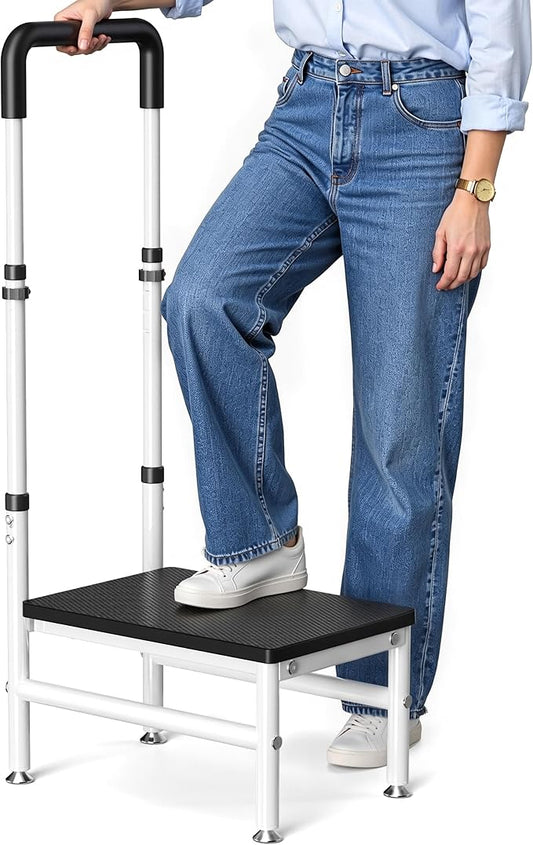 Step Stool with Handle for Adults and Seniors, Heavy Duty One Step Wooden Platform Stool with Adjustable Handrail, Wide Non Slip Footstool for Bedside, Bathroom and Home