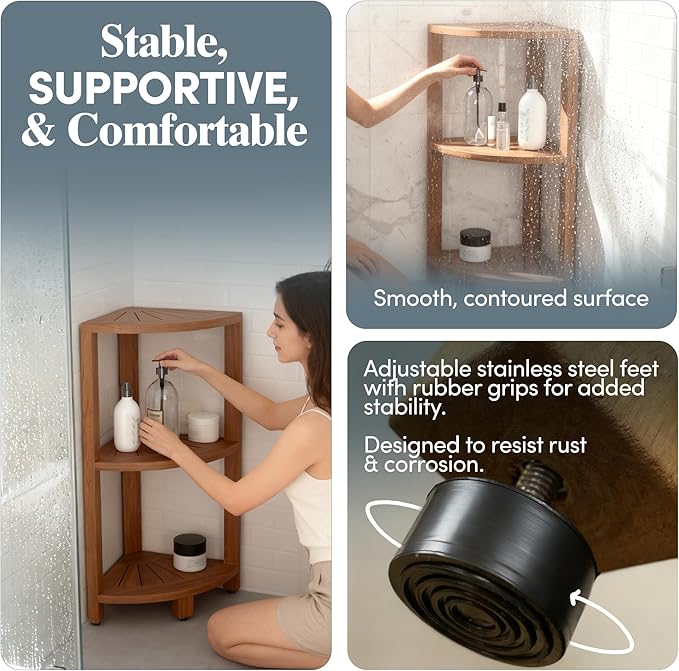 AquaTeak Kai-Petite 12" Teak Corner Shelf Stand, 3 Tier Shower Stand | Space-Saving Design, Durable Water-Resistant Teak, Anti-Slip Feet