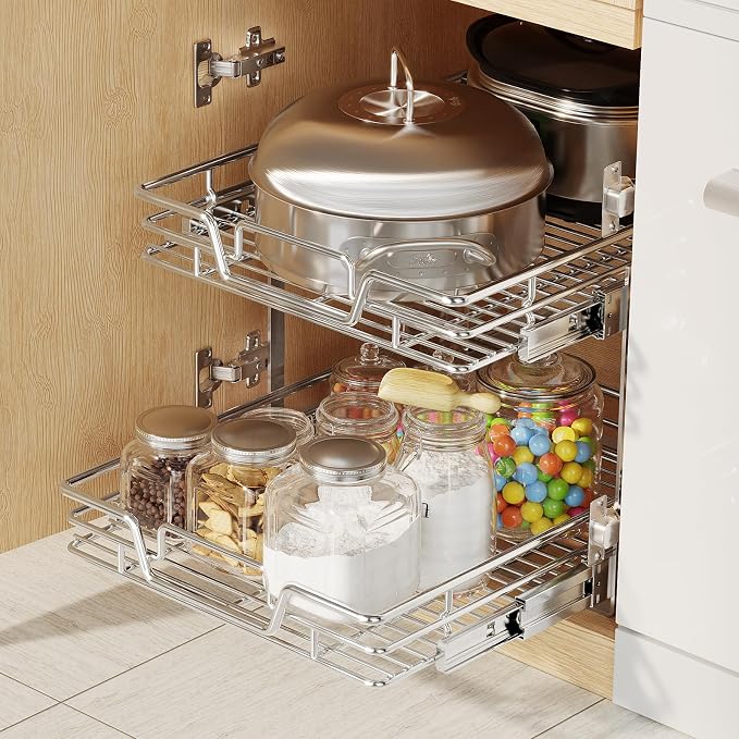 2-Tier Kitchen Cabinet Pull Out Shelf and Drawer Organizer Slide Out Pantry Storaqe Basket in Multiple Sizes (15" W x 21" D)