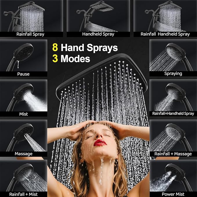 12-Inch High Pressure Rain Shower Head with Handheld Spray Combo, Magnetic | Dual shower heads; one-piece bracket adjusts height and angle; 9 settings: 8 sprays + 1 Power Jet for cleaning; easy install