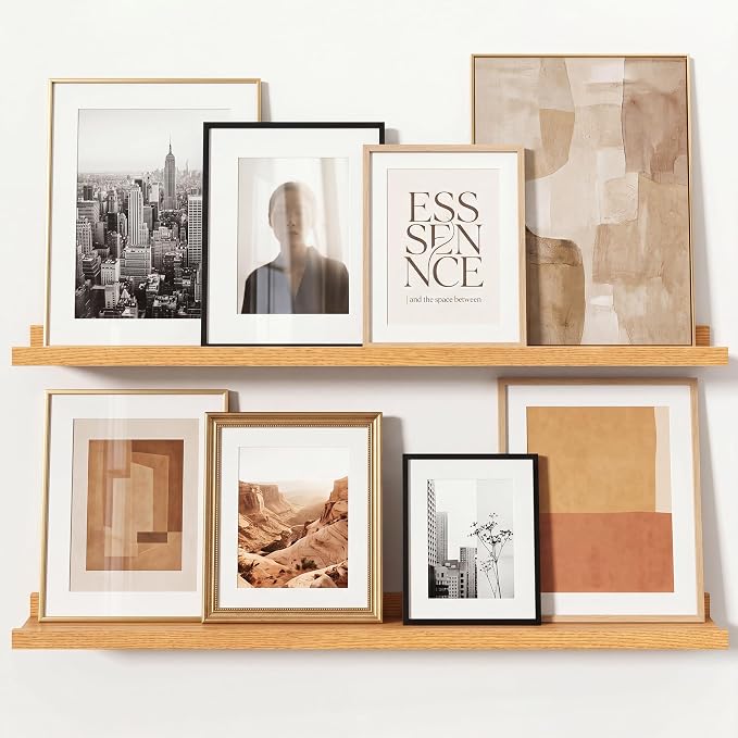 Oak Picture Ledge Shelves for Wall, 4.5" Deep Wood Floating Shelves with Lip for Bedroom, Living Room, 30" Width, Color Oak Set of 2