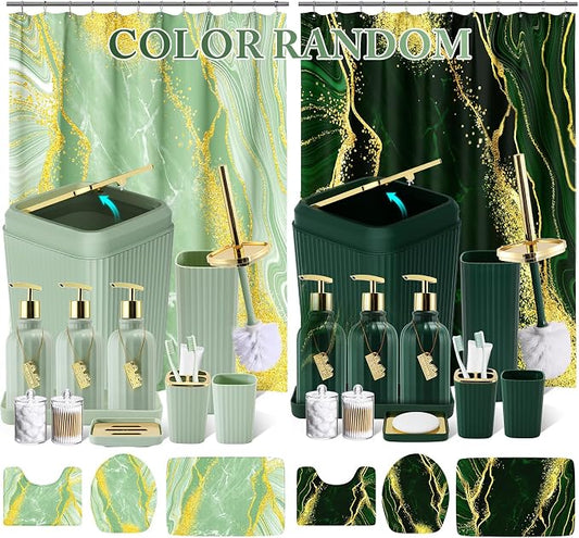 21PCS Bathroom Sets with Shower Curtain and Rugs Bathroom Accessories Set Dark Green Bathroom Set Complete with Trash Can, Toilet Brush, Qtip Holder & 3PCS Soap Dispenser