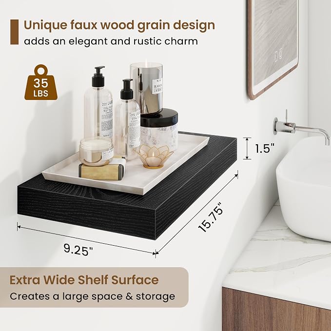 Marsmiles 9.25in Depth 16in Floating Shelves, 16x9.25x1.4, Black, Set of 2 | Wall Mounted Engineered Wood Shelves, Invisible Brackets for Living Room, Bedroom, Bathroom, Kitchen Decor and Storage