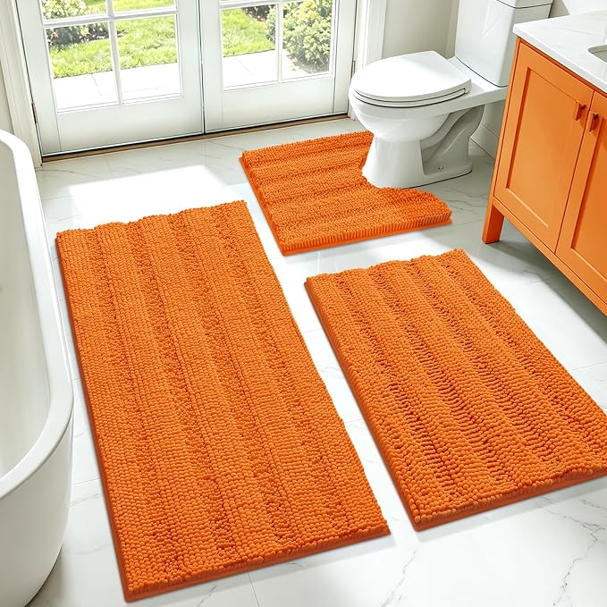 Striped Orange Bathroom Rug Set 3 Pieces Ultra Soft, Non Slip Chenille Toilet Mat, Absorbent Plush Shaggy Bath Mats for Bathroom, Bedroom, Kitchen