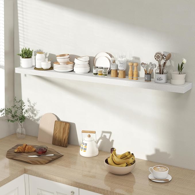 Acovy 55 Inch Floating Shelves for Wall 1 Pack, 55" Wall Shelves for Books, Storage, Decor, Wall Mounted Floating Shelf with Invisible Brackets for Kitchen, Living Room, White