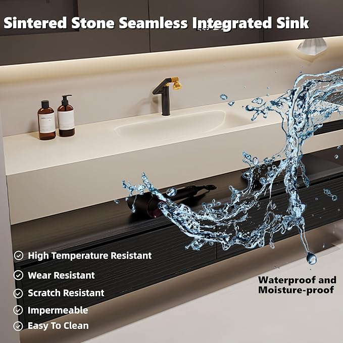 92 in Bathroom Vanity with Sink - Modern Floating Solid Wood Bathroom Sink Cabinet, Smart LED Mirror Cabinet, Durable Sintered Stone Countertop, Large Soft-Close Drawers, Includes a Stool