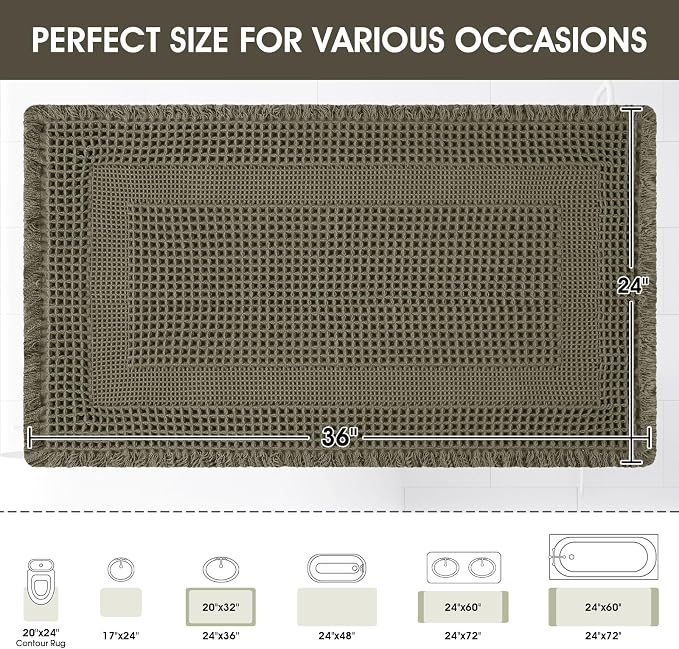 Upgraded Waffle Bath Mat, 36"x24" Greyish Green-Looped, Super Absorbent Non-Slip Quick Dry Bathroom Rugs with Tassels, Machine Washable Ultra Soft Boho Bath Rugs, Toilet Mats Boho Farmhouse Decor