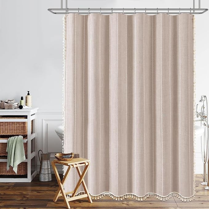 72x84 Long Boho Farmhouse Linen Heavy Duty Shower Curtain, Tan/Taupe | Tall Size, 330GSM Linen Blend, Water Repellent, Vintage Striped Fabric, 12 Plastic Hooks, Rustic Country, Machine Washable