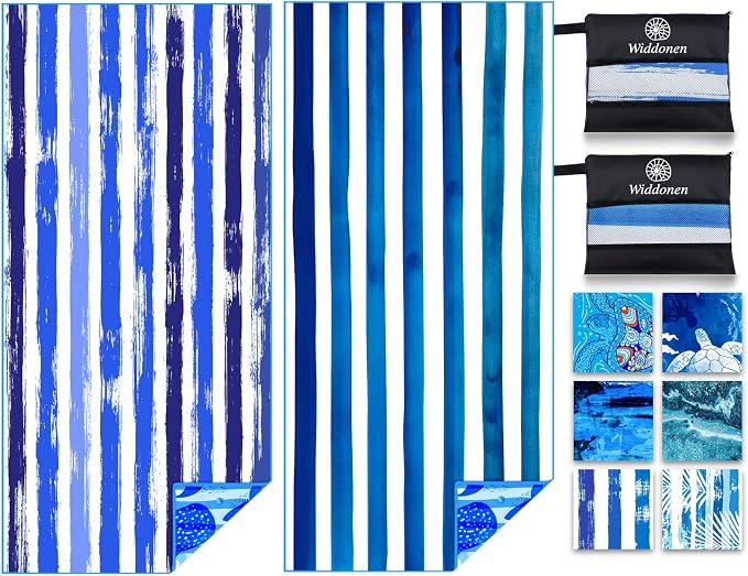 Widdonen Microfiber Beach Towel,Compact 2 Pack-71x32 Inch with Bag Travel | Extra Large,Lightweight,Thin,Sand Free,Quick Dry,Absorbent.Packable for Camping,Swim,Pool,Bath,Picnic,Cruise Essentials Gift