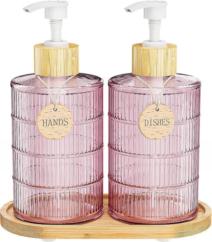 MASADI Soap Dispenser Set with Bamboo Tray, Dish and Hand Soap Lotion Dispenser Set with Wooden Pump for Kitchen and Bathroom Decor for Counter, Modern Vintage Liquid Soap Dispensers (Pink&Bamboo)