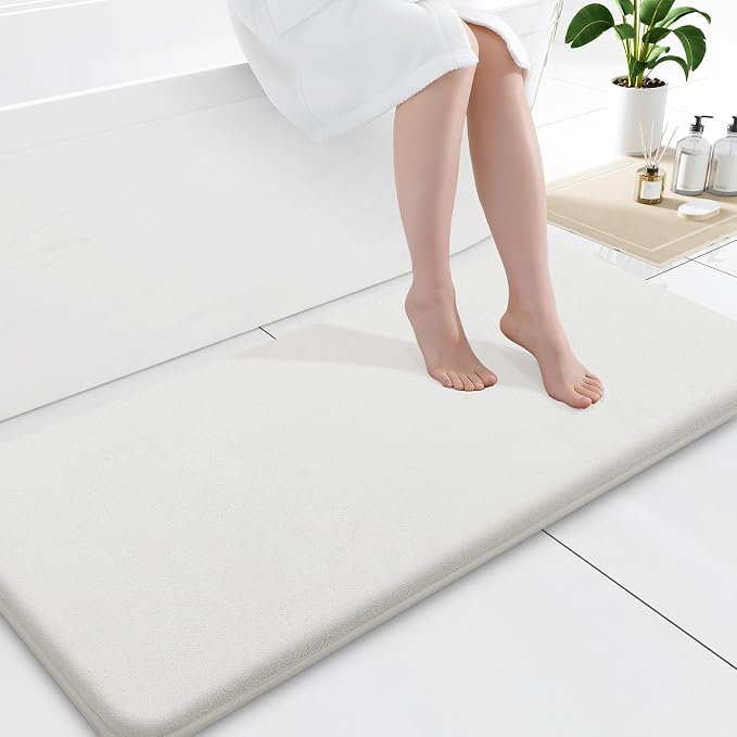 Smiry Memory Foam Bath Mat 47x17, Extra Soft and Absorbent Bathroom Rugs | Ivory White, Quick Dry Machine Washable Non-Slip Bath Mat for Bathroom Floor, Shower and Tub