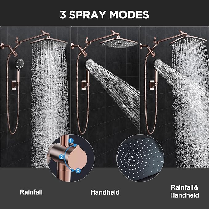 Veken Rose Gold 11.8" High Pressure Shower Head with Handheld, Easy Install | Handheld Shower Head with Multi Spray Modes,Rainfall Combo with 15" Metal Extension Arm,Detachable Dual Shower,Regaderas Para