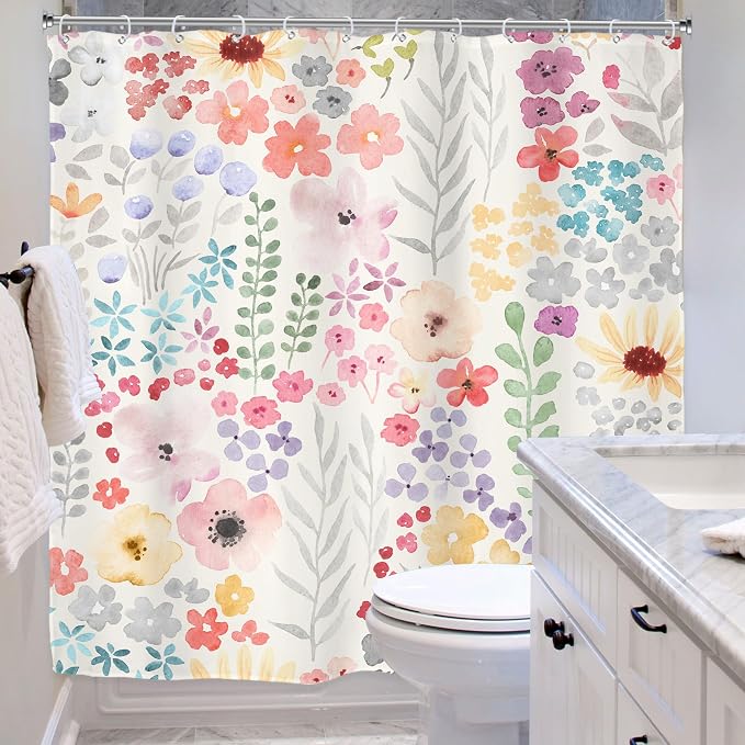 Pink Floral Flower Cute Summer Kids Girls Bathroom Shower Curtain Set | 72"W x 72"H Girly Wildflower Spring; water-repellent HD print, quick-dry fabric with 12 hooks for easy hanging.
