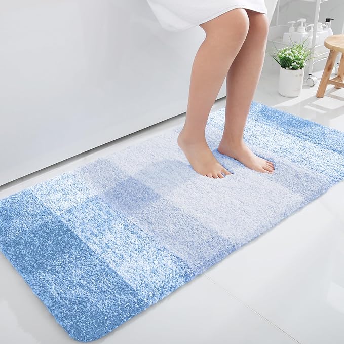 OLANLY Bathroom Runner Rug 45x27, Extra Soft Absorbent Microfiber Bath Rugs | Light Blue, Non-Slip Quick-Drying Rubber Backing, Washable Long Bath Mat for Floor, Tub and Shower, Home Decor