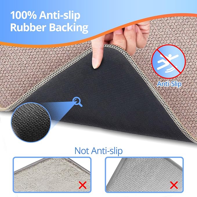 Upgraded Bath Mat 17x27Inch, Thin Bath Mats Rugs with Rubber Backing Non-Slip, Absorbent,Quick Dry Machine Washable, Home Decor Accessories Cozy Cloth Bathroom Rugs fit Under Door/Sink/Tub-Biege