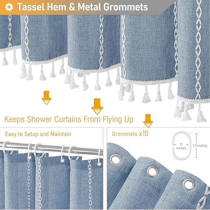 54x78 Boho Farmhouse Linen Heavy Duty Cloth Shower Curtain Set, Blue | Narrow Long Size, 330GSM Linen Blend, Water Repellent, Vintage Striped Fabric, 10 Hooks, Rustic Country, Machine Washable
