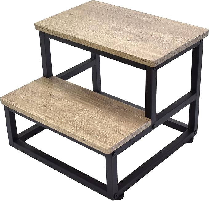 SZLHANJZ Step Stool, Wood & Metal Step Stools for Adults Kids, 500 LB Load | 2 Steps for Adults Kids, Bedside Stepping Stool for High Bed with Round Corners, Step Foot Stool for Kitchen Bedroom, Beige
