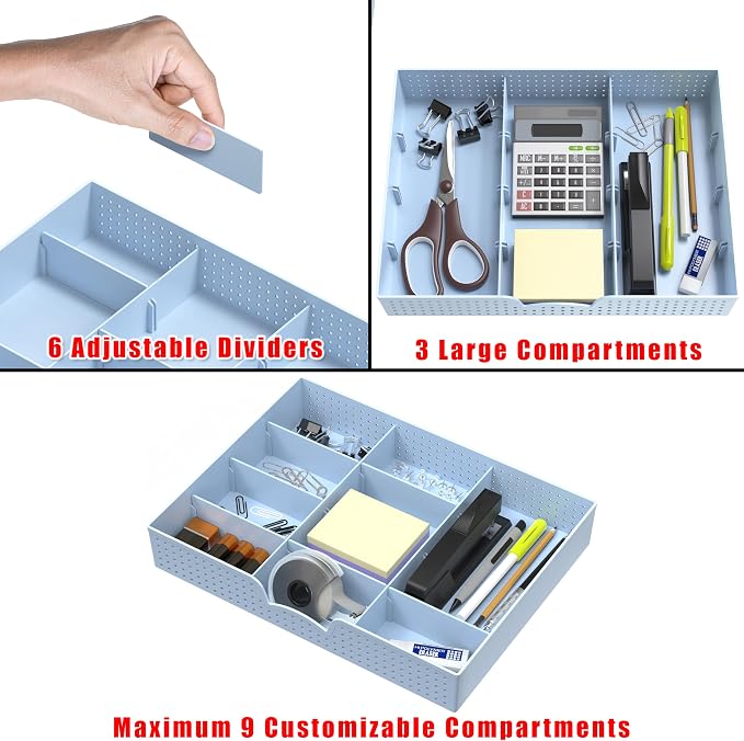 Simple Houseware Drawer Organizer Tray, 9 Adjustable Compartments, Blue | For Office, Makeup, and Craft Drawer or Desktop Storage