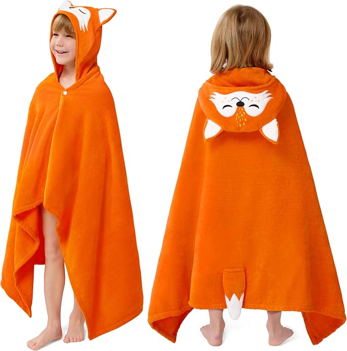 Joiedomi Hooded Towel for Kids Soft 100% Cotton Bath Beach Towel 30" x 50" for Kids 3-8 Years Toddler Pool Poncho with Hood Absorbent Swim Wrap for Boys Girls Orange Fox