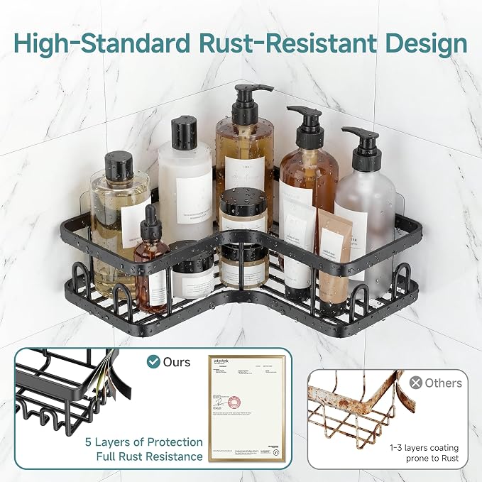 Veken Corner Shower Caddy 3-Pack, Advanced Rustproof Design&Stable Storage | No Drilling Adhesive Shelves, Rack with Soap Holder & Hooks, Thickened Metal Frame, Bathroom Organizers and Storage, Black