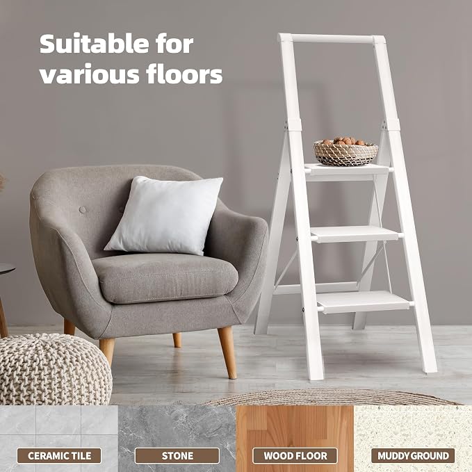 HillhutApex Aluminum 3 Step Ladder, Step Stool Foldable Ladder(White) | Anti-Slip Pedals,330lbs Capacity,Lightweight Folding Ladders for Home,Office,Libaray