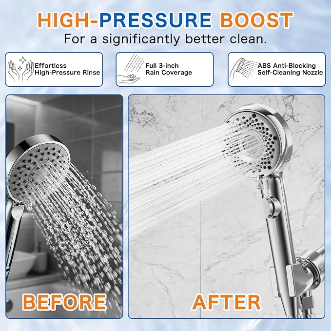 Shower Head with Handheld with 5 Spray Modes and Detachable Power Wash, High Pressure Shower Head with ON/OFF Switch for Pets, Clean Tub, Shower Heads with Stainless Steel Hose