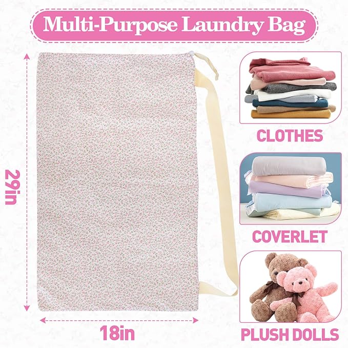 Laundry Bag Backpack for Dorm & Travel, 29 x 18" Large Dirty Bag | Cute Pink Floral College Clothes Pouch with Straps and Handles. Ideal for Apartment, Camp and Portable Bag for Laundromat