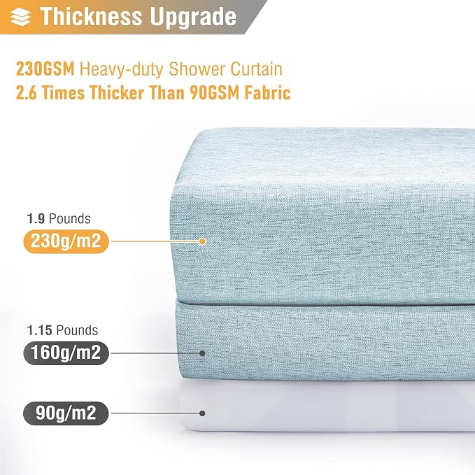60x72 Linen Textured Waterproof Fabric Shower Curtain Set, Fog Blue | Narrow Size, 230GSM Polyester, Heavy Duty Cloth, Weighted Hem, 10 Plastic Hooks, Modern Luxury Hotel Style, Machine Washable
