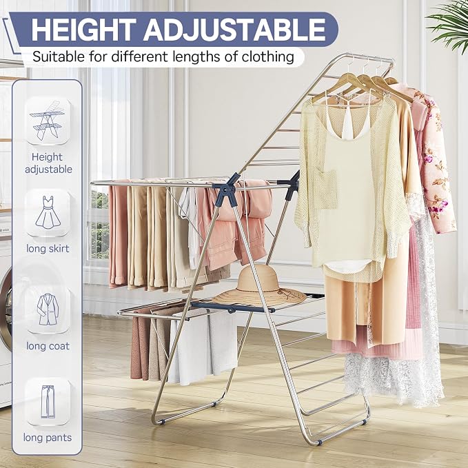 Large Stainless Steel Clothes Drying Rack with 4 Wings | Drying Rack Clothing with Height-Adjustable, Foldable Gullwings, Indoor Outdoor Use, No Assembly, Regular Blue