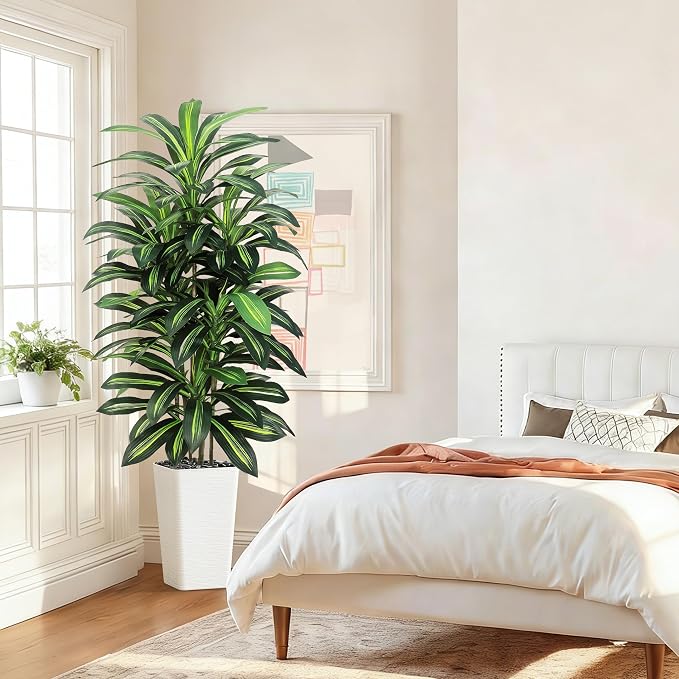 Artificial Dracaena Tree Indoor, 5FT Tall Fake Floor Plants with White Planter, Faux Silk Yucca Tree for Home Office Living Room Bedroom Farmhouse Modern Outdoor Topiary Tree