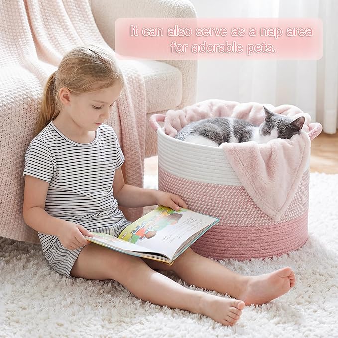 Artfeel 70L Large Cotton Rope Basket, Decorative Woven Blanket Storage for Living Room, Boho Toy Storage & Toy Box for Kids, Versatile Laundry Basket & Nursery Hamper for Blankets(Pink)