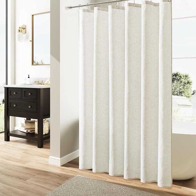 Extra Long Cream Shower Curtains 92 Length Natural Linen Fabric Shower Curtain Set Tall Bath Curtain with See Through Top Window and Hooks Country Farmhouse Style,Cream,72x92