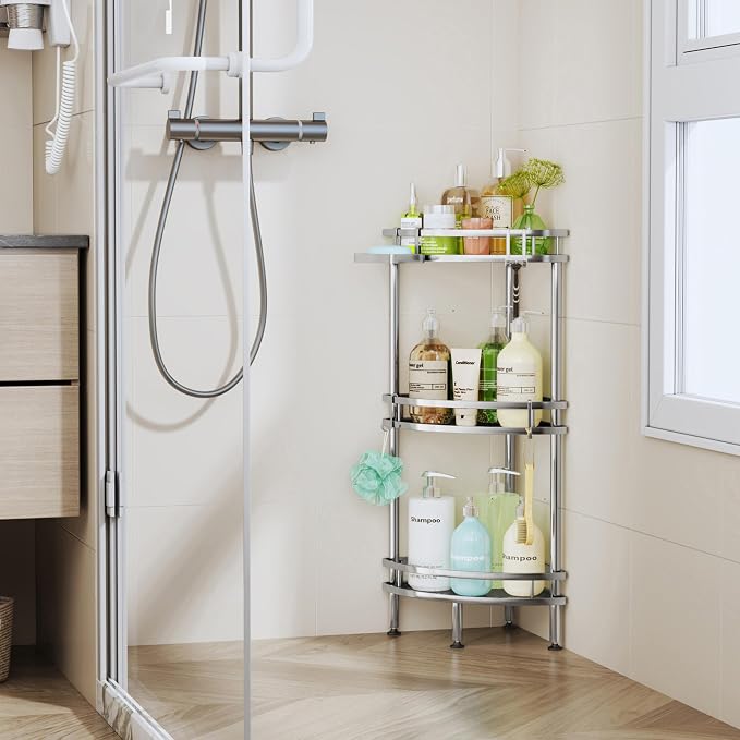 HapiRm Standing Corner Shower Caddy - 3 Tier Shower Organizer Corner with Soap Holder and 4 Hooks, Rustproof Bathroom Storage Shelves with Adhesives, Silver