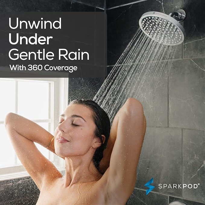 SparkPod Rain Shower Head, 8 Inch Round, Luxury Polished Chrome Finish | High Pressure Shower Heads, 90 Nozzles, Adjustable Showerhead, No Tools Needed, Universal Connection