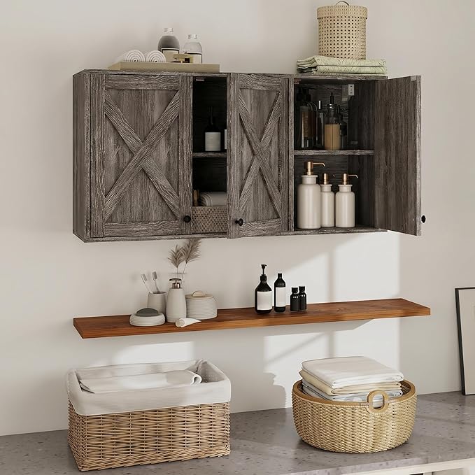YOURLITE Laundry Cabinet, Medicine Cabinet, Bathroom Kitchen Storage Wall Mounted Farmhouse Organizer with Shelves Over Toilet, 36" Wide, Grey