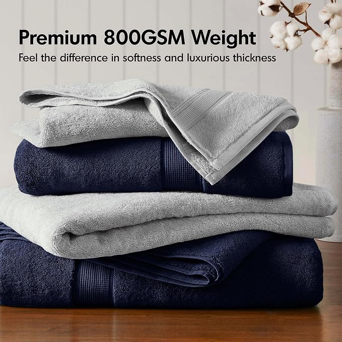 Madison Park 800GSM 100% Cotton Bathroom Bath Towel Set of 8, Dark Navy | Long Staple, Highly Absorbent, Durable Hotel Spa Quality, Quick Dry, Double Stitched Hems, Lint Reducing, OEKO-TEX Certified