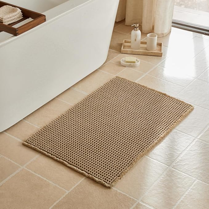 Triohero Waffle Bath Mat, Boho Bathroom Rugs Non Slip Washable, Ultra Soft Super Absorbent Quick Dry Farmhouse Bathroom Decor, 24" x 36", Khaki