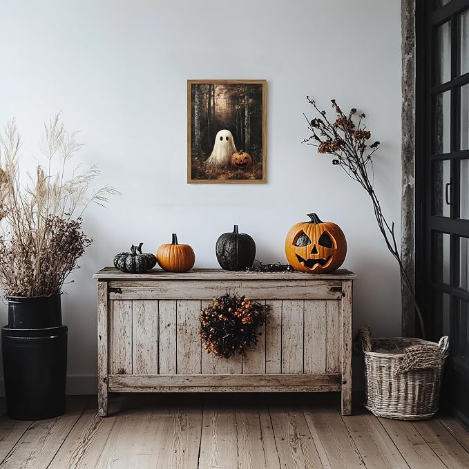 Framed Vintage Halloween Ghost Wall Art, Cute Ghost with Pumpkin Lantern Canvas Print, Retro Dark Halloween Forest Poster, Whimsical Wall Decor for Living Room Bedroom Hallway, 8x10in