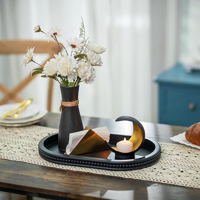 Hanobe Black Decorative Trays for Living Room Coffee Table, Beaded Edge | 15" Oval Wood Farmhouse Table Centerpiece for Kitchen Dining Entryway