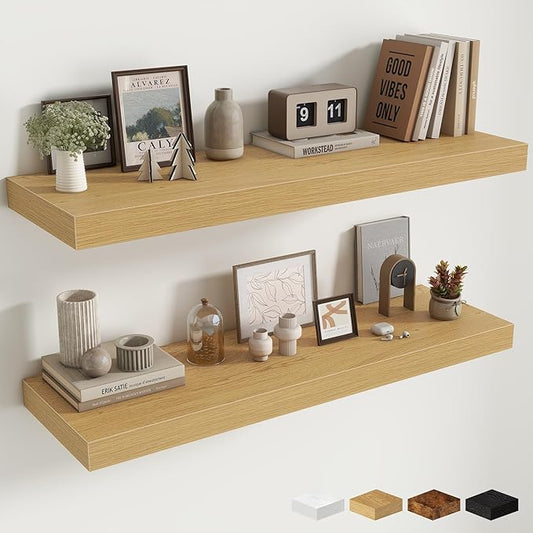 Fun Memories Floating Shelves for Wall, 40 Inch Floating Shelf for Home Decor, Wall Mounted Rustic Wood Shelves 12 Inch Deep, Hanging Deep Shelf for Bedroom, Living Room, Kitchen, Oak, Set of 2