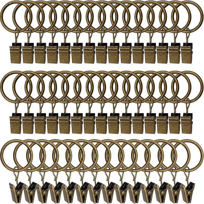 LLPJS 44 Pack Curtain Rings with Clips, Curtain Clip Rings Hooks, Bow Hanger Clips for Hanging Drapery Drapes Bows, Ring 1 inch Interior Diameter, Fits up to 5/8" Rod, Bronze