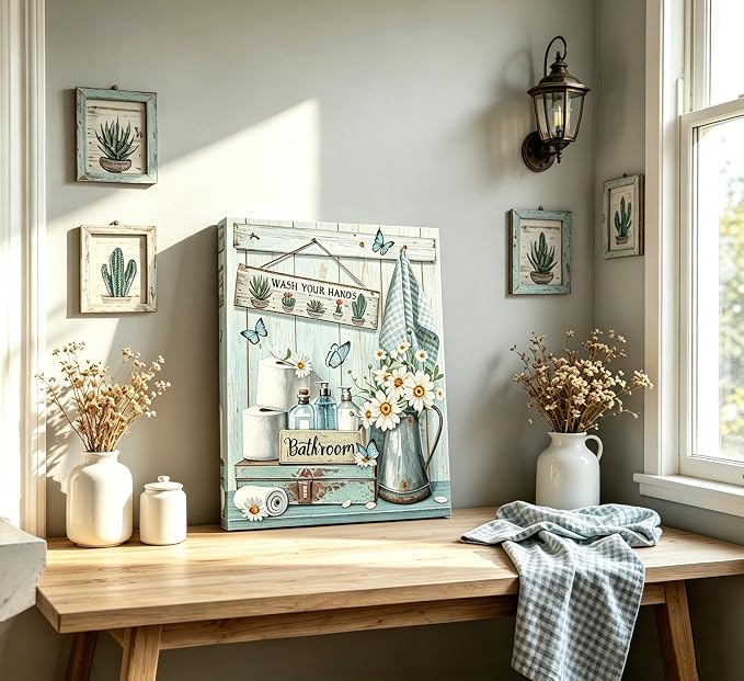 XcwDt is Teal Farmhouse Bathroom Canvas Wall Art,Rustic Daisy Butterfly Bathroom Wall Decor,Vintage Wash Your Hands Painting Print,for Toilet Powder Rooms Laundry Rooms Home Decoration 12 in X 16 in