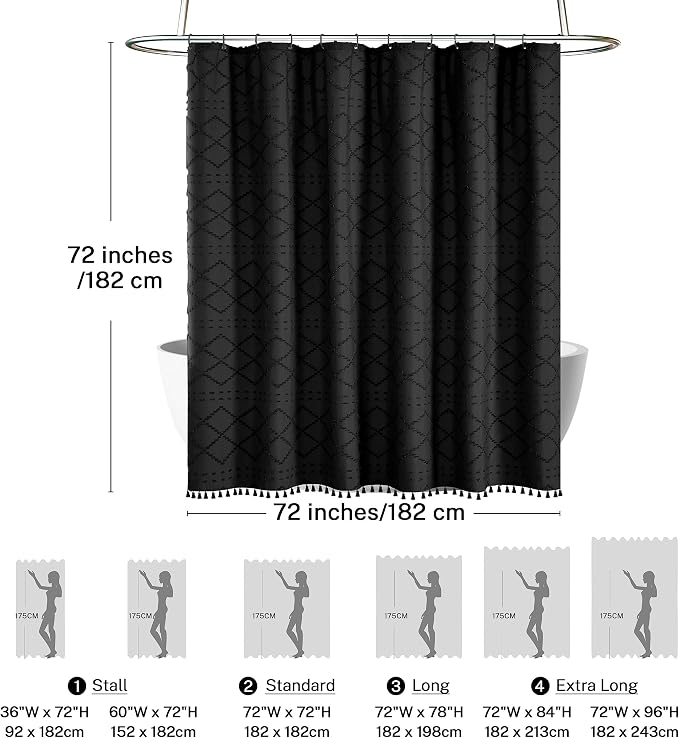 Siiluminisoy Black Shower Curtain Boho Fabric Shower Curtain Black Tufted Texture Striped Modern Farmhouse Shower Curtains for Bathroom, 72 x 72