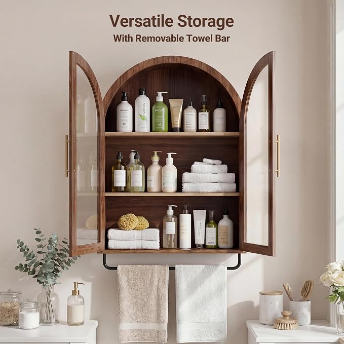Seang Bathroom Arched Wall Cabinet,23.6" Modern Medicine Cabinet with Towel Bar and Adjustable Shelf,Over The Toilet Wall Storage Cabinet for Laundry Room,Living Room,Kitchen,Walnut