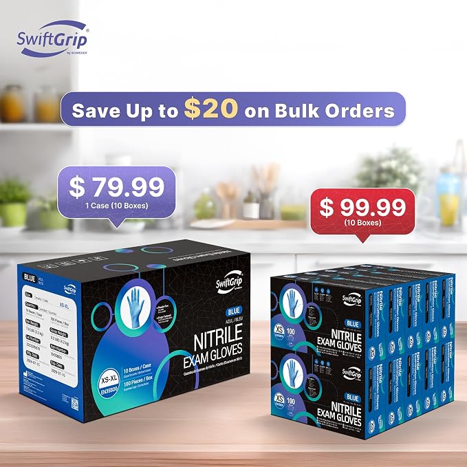 SwiftGrip Disposable Nitrile Exam Gloves, Blue, Latex Free, Medical Gloves for Cleaning, Food-Safe, Powder Free, Non-Sterile